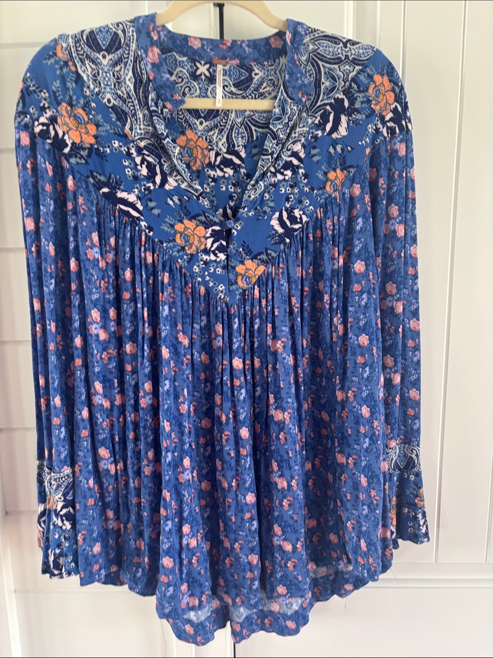 Free People Blue Floral Peasant Blouse with Pink Accents NWOT